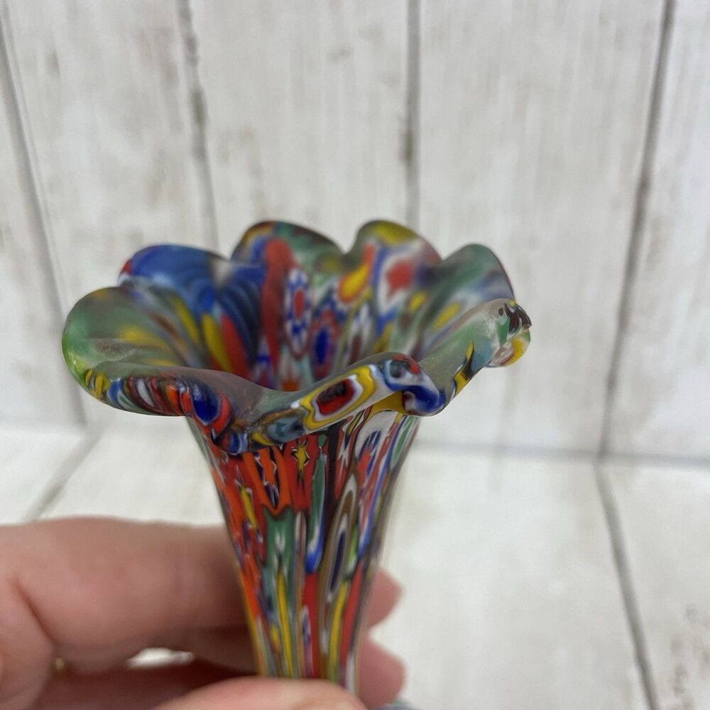 Vintage Fratelli Toso Murano Millefiori Murrine Cane Vase 6.75” - Picture 10 of 13